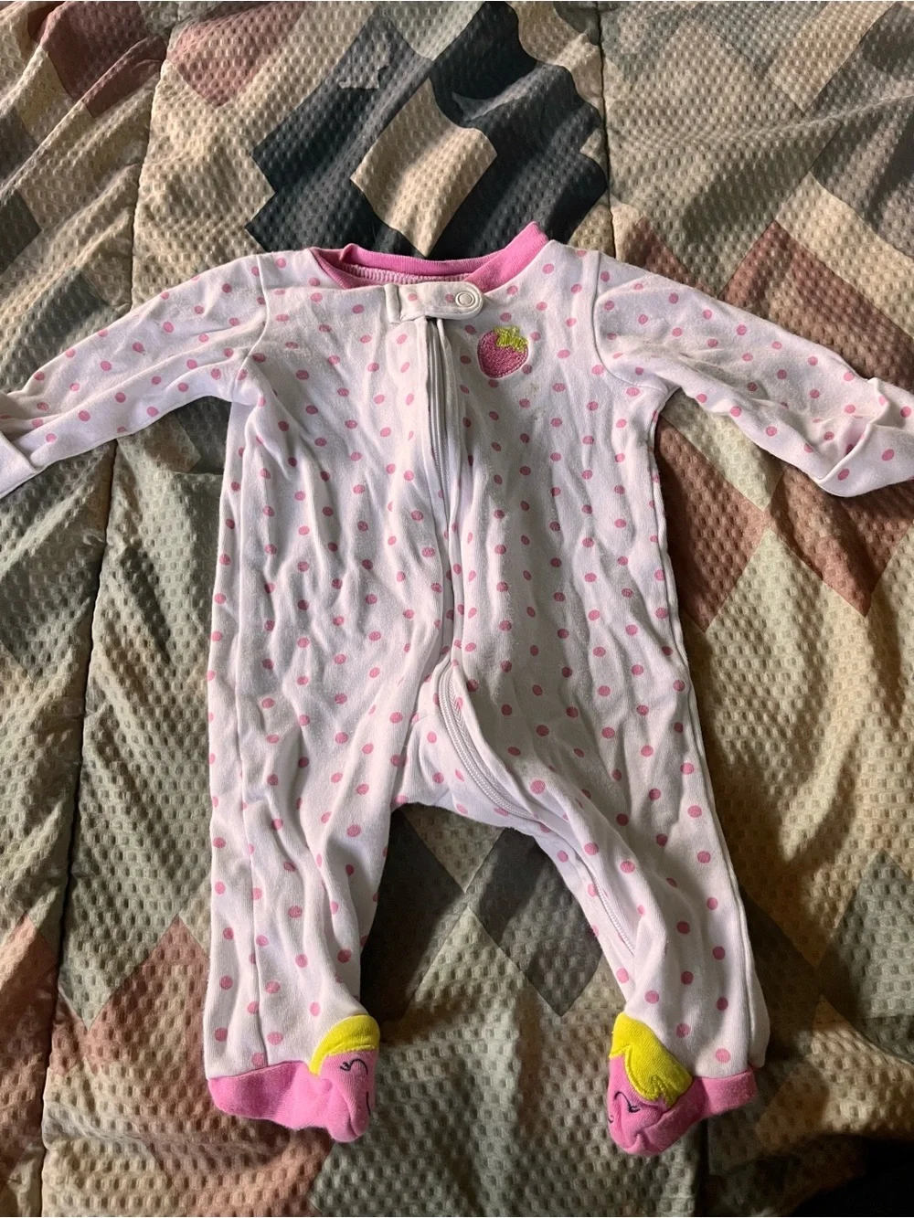 Carter's Pink Polka Dot Footed One-Piece with Strawberry Accents